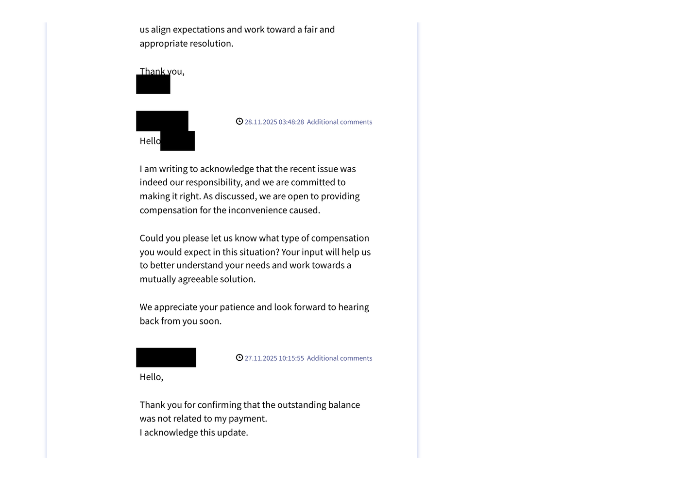 Redacted facsimile of the OVHcloud support ticket page containing the statement that the recent issue was OVHcloud's responsibility